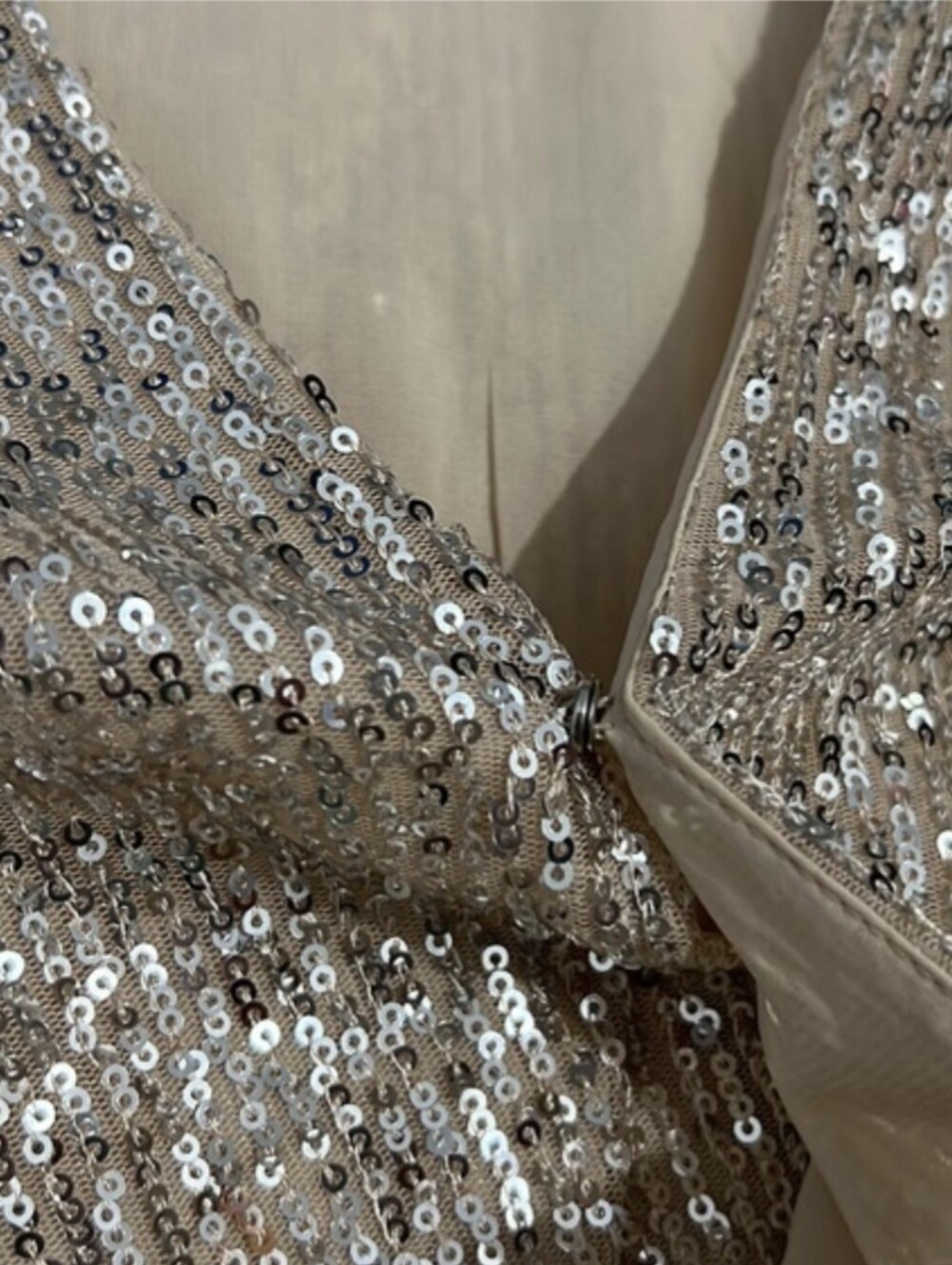 Pale Metallic Sequin Draped Wrap Top Plunging Neckline - Picture 3 of 7